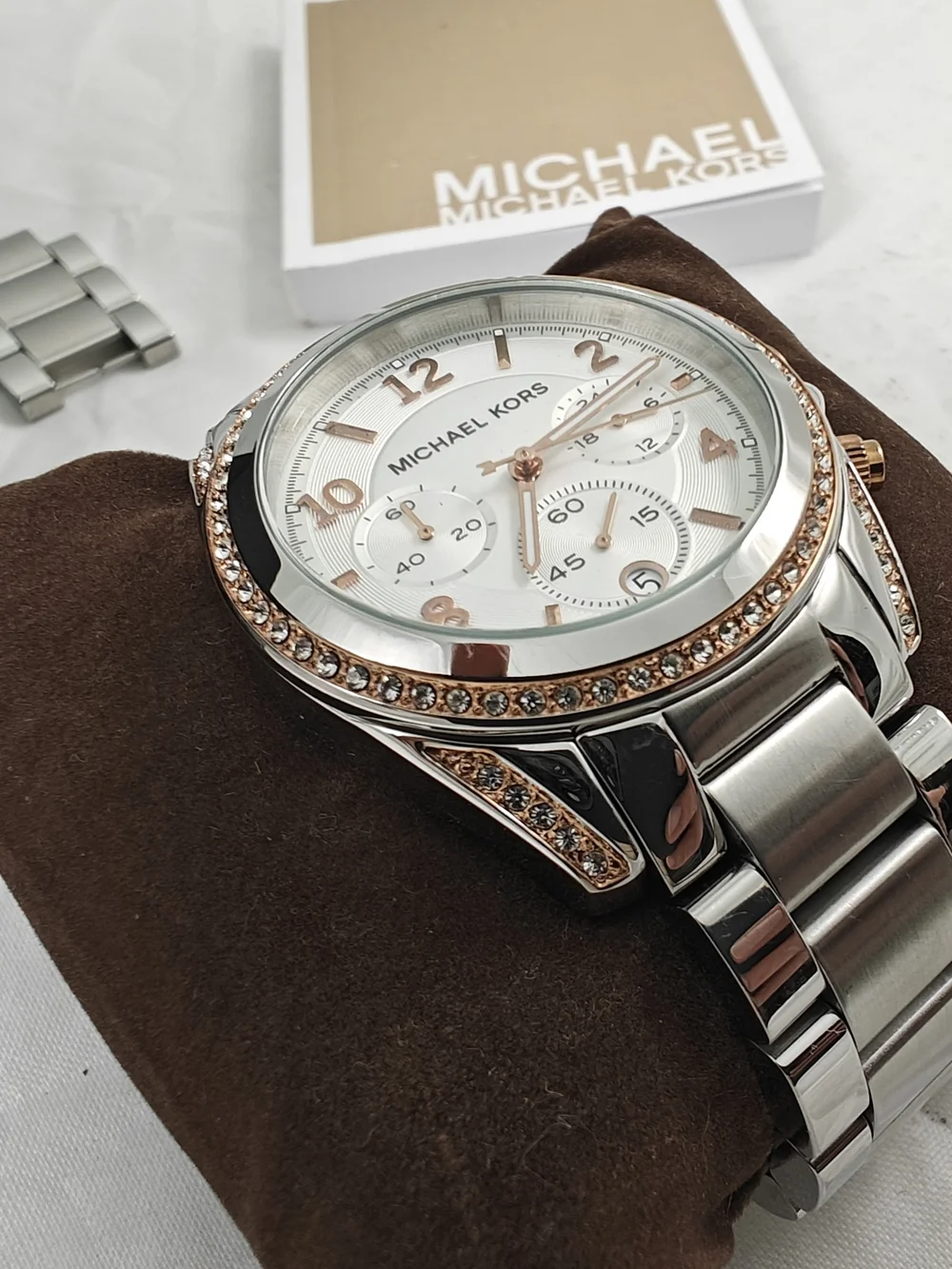 Michael Kors Women's Silver and Rose Gold-Tone Chronograph Watch NEW BATTERY
